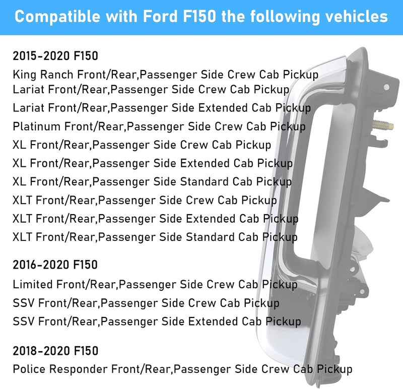 Moonlinks متوافق مع مقبض باب فورد F150، 2015-2020 مقبض باب خارجي للركاب الأمامي/الخلفي للجانب الأيمن، ذراع كروم (14603667/FL3Z1522404BF) - Image 2